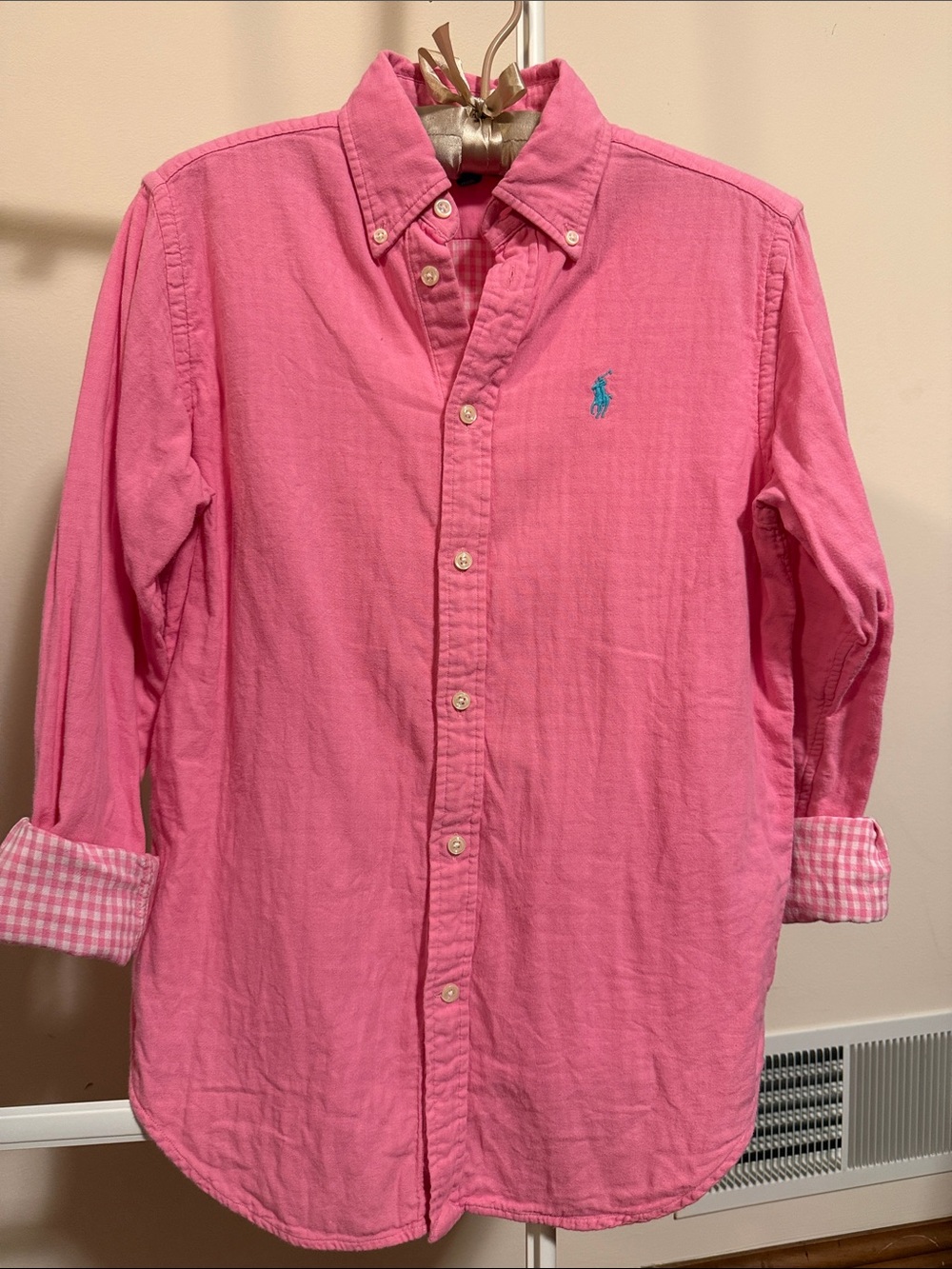 Ralph Lauren pink cotton button down shirt with gingham check lining -size small